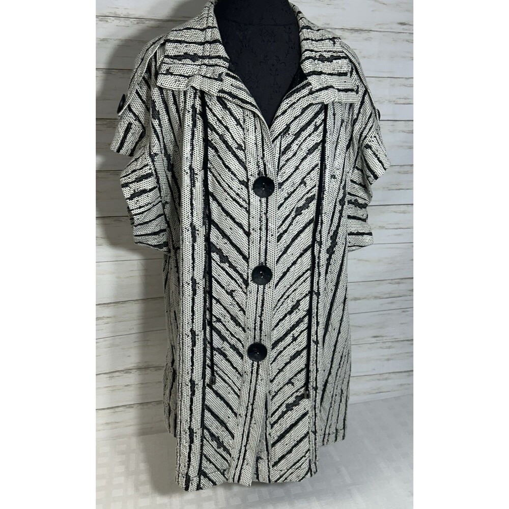 IC Connie K Womens XL Black White Long Button Long Short Sleeve Jacket Cardigan
